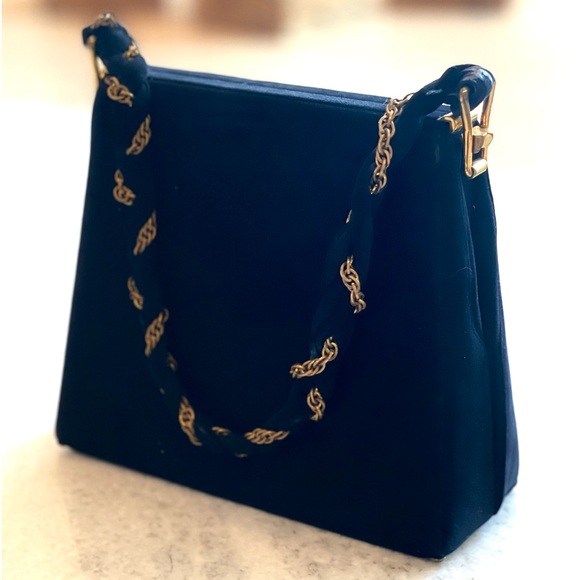 VTG Satchel Black velvety suede Custom Made by Calem Gold Chain Accent Handbag - Picture 7 of 13